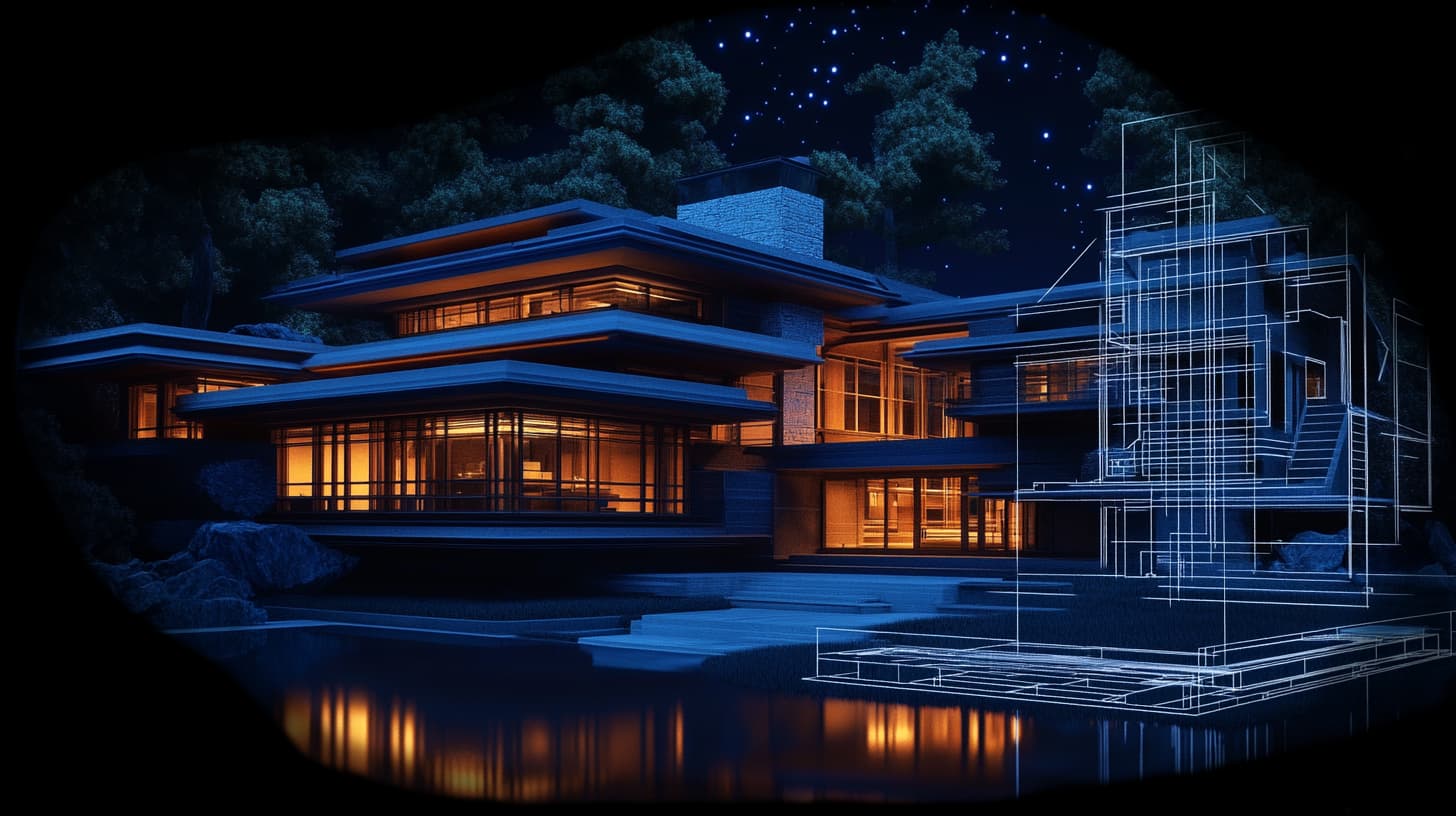 Modern house with illuminated windows at night