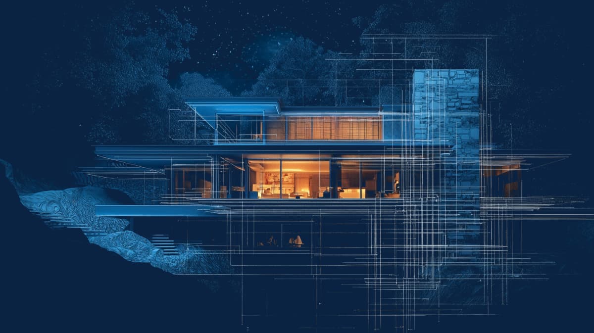 Modern house with illuminated windows transitioning into blueprints at night