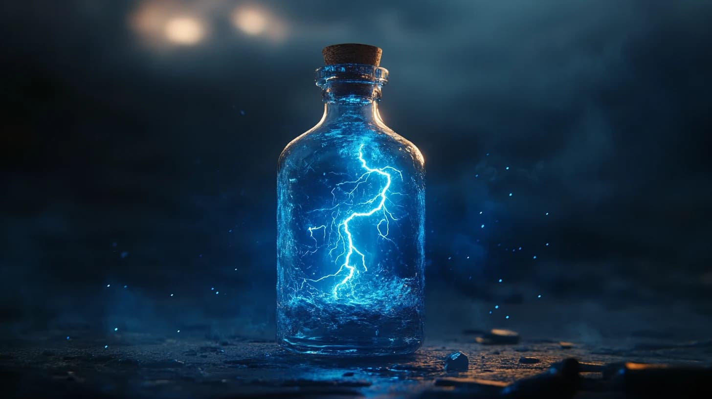 A transparent glass bottle with a cork, containing bright blue lightning.