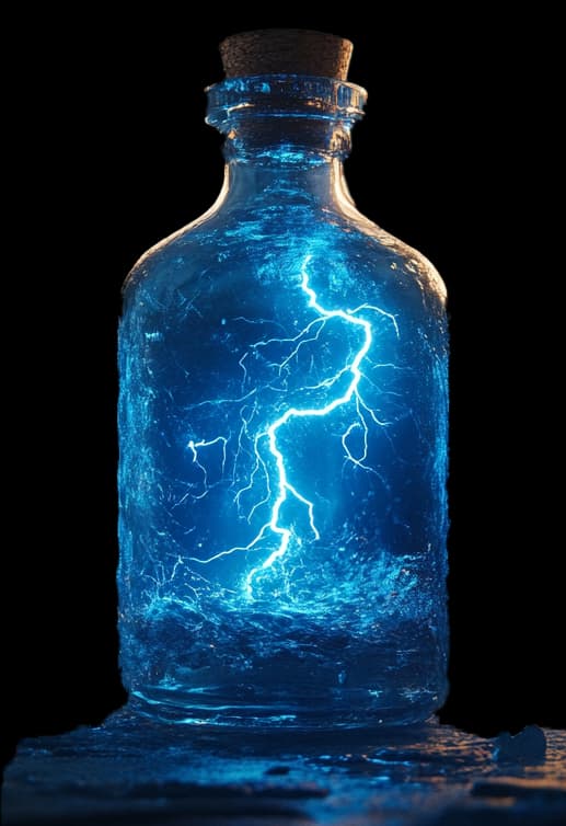 A transparent glass bottle with a cork, containing bright blue lightning.