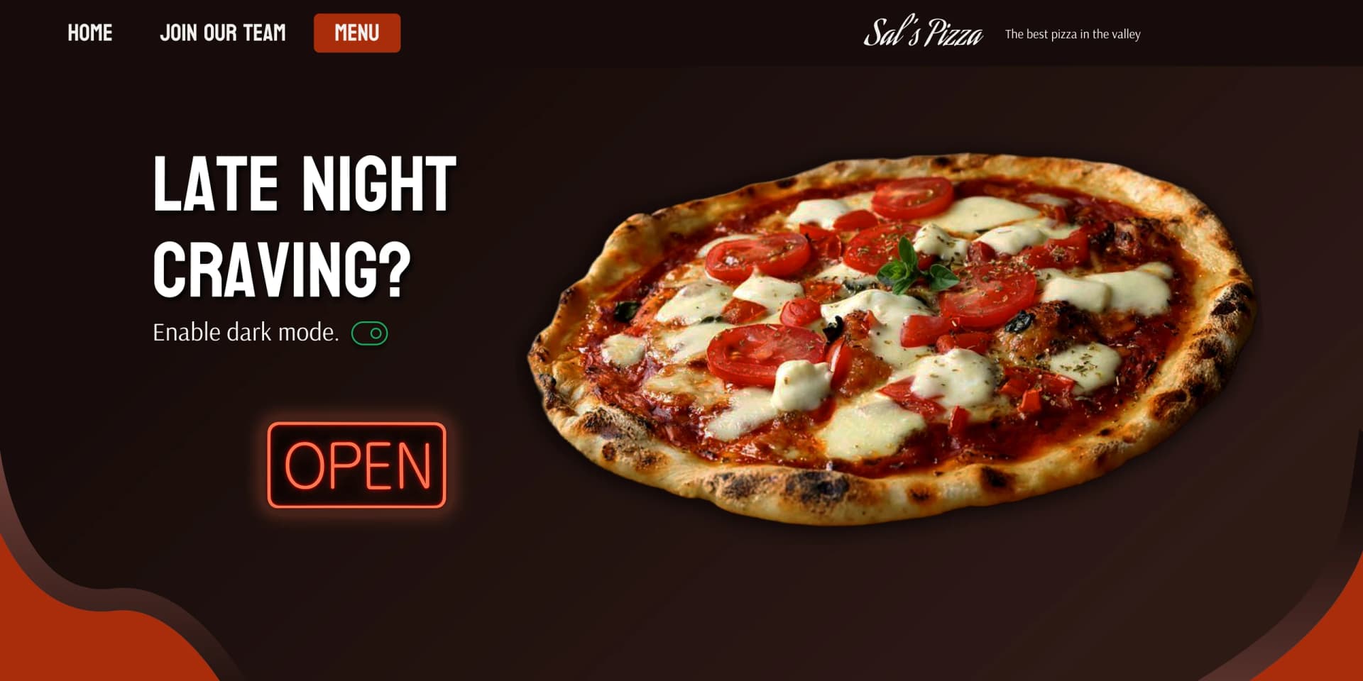 The hero section of pizza restaurant website