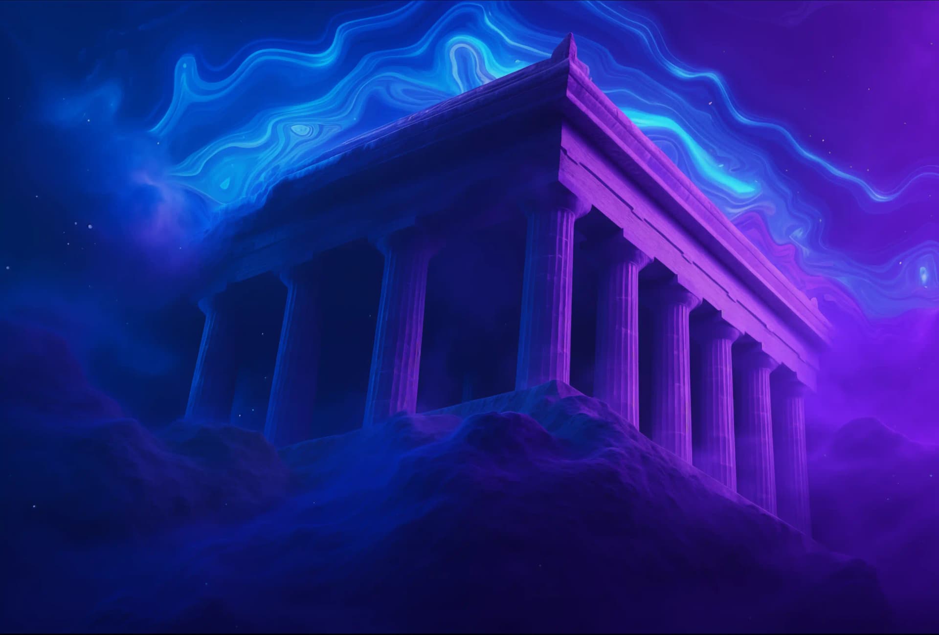 Melting purple sky over a neon-lit ancient Greek temple