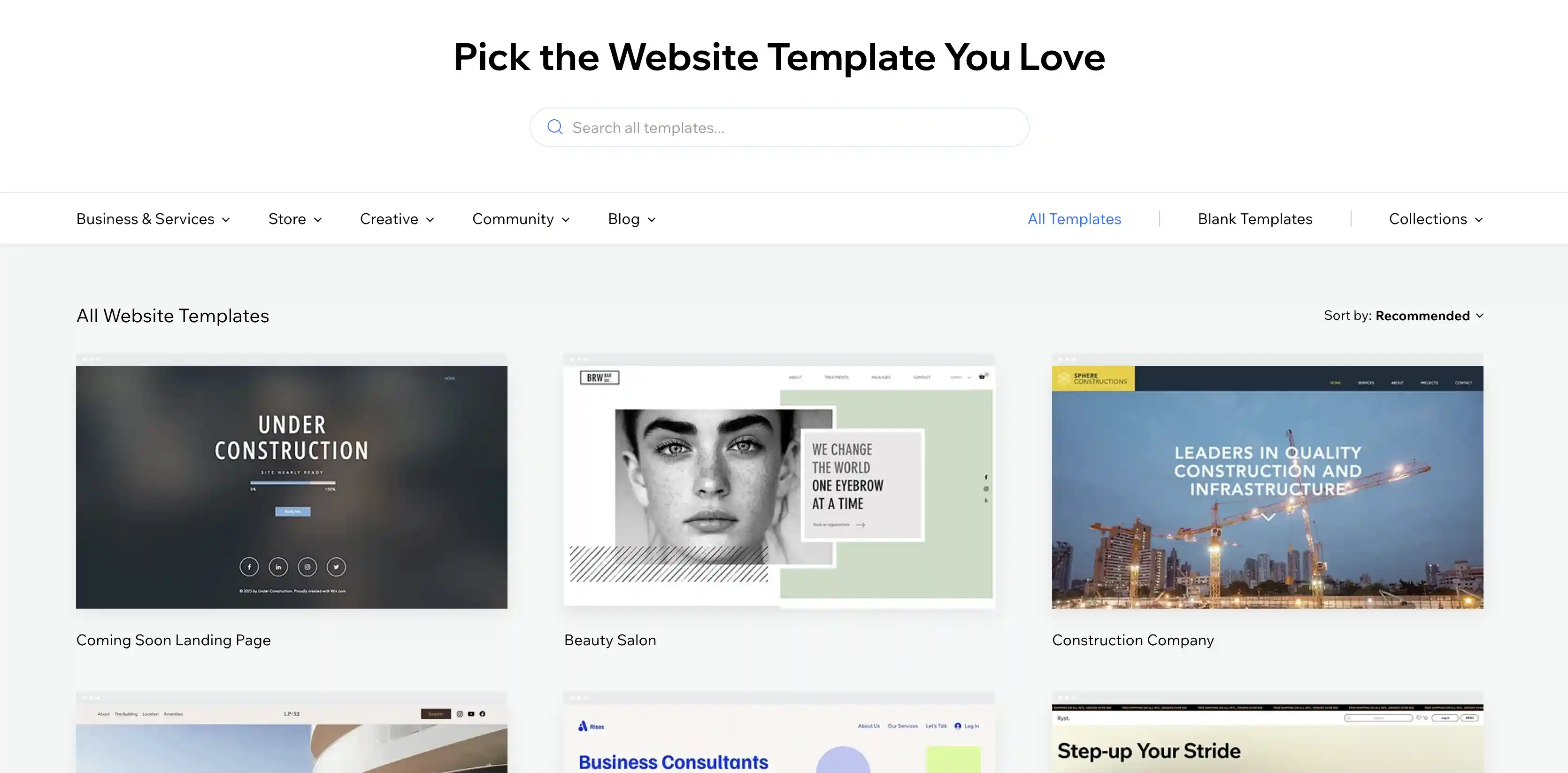 Screenshot of standard no-code website builder templates
