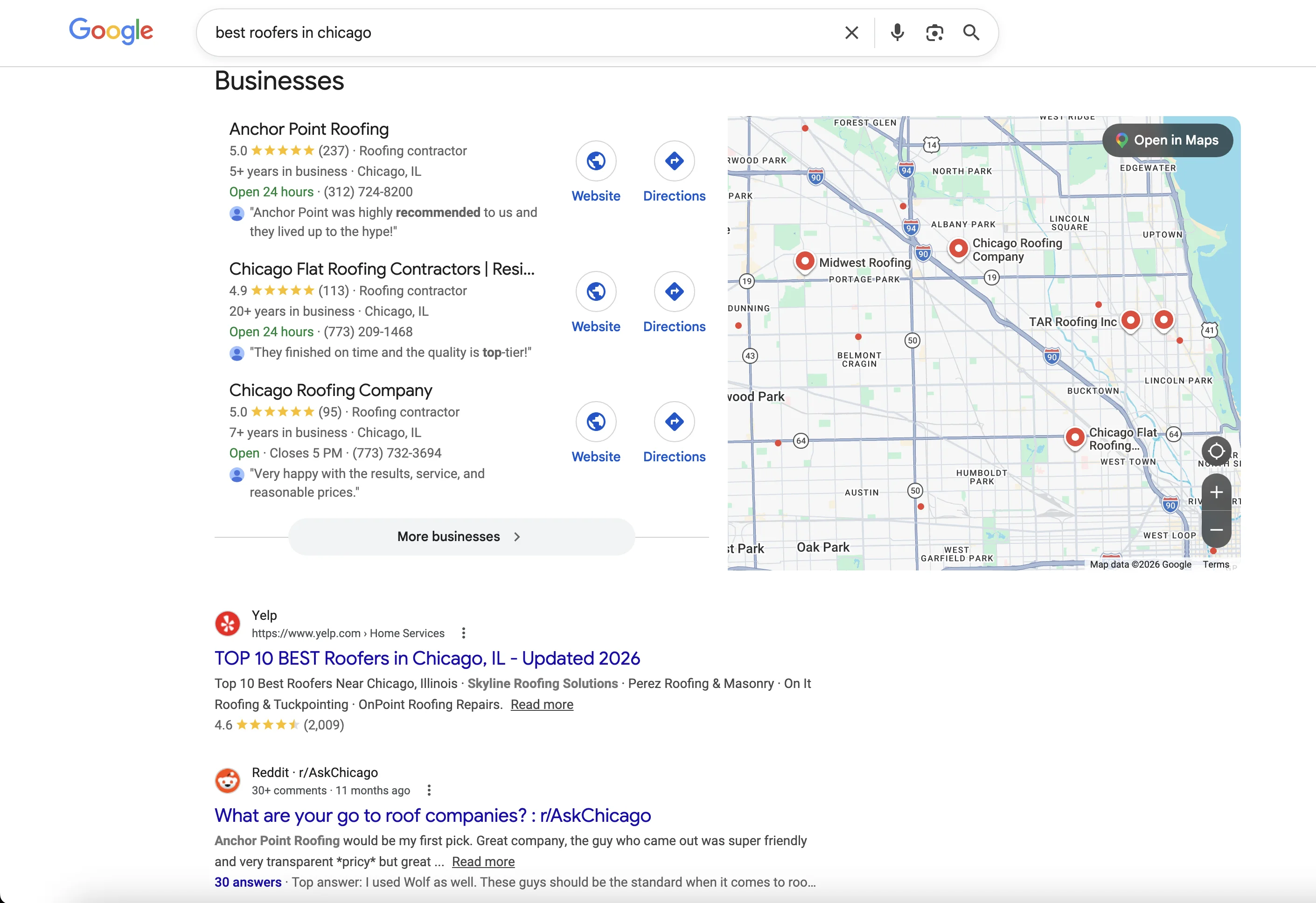 Google results for best roofers in Chicago
