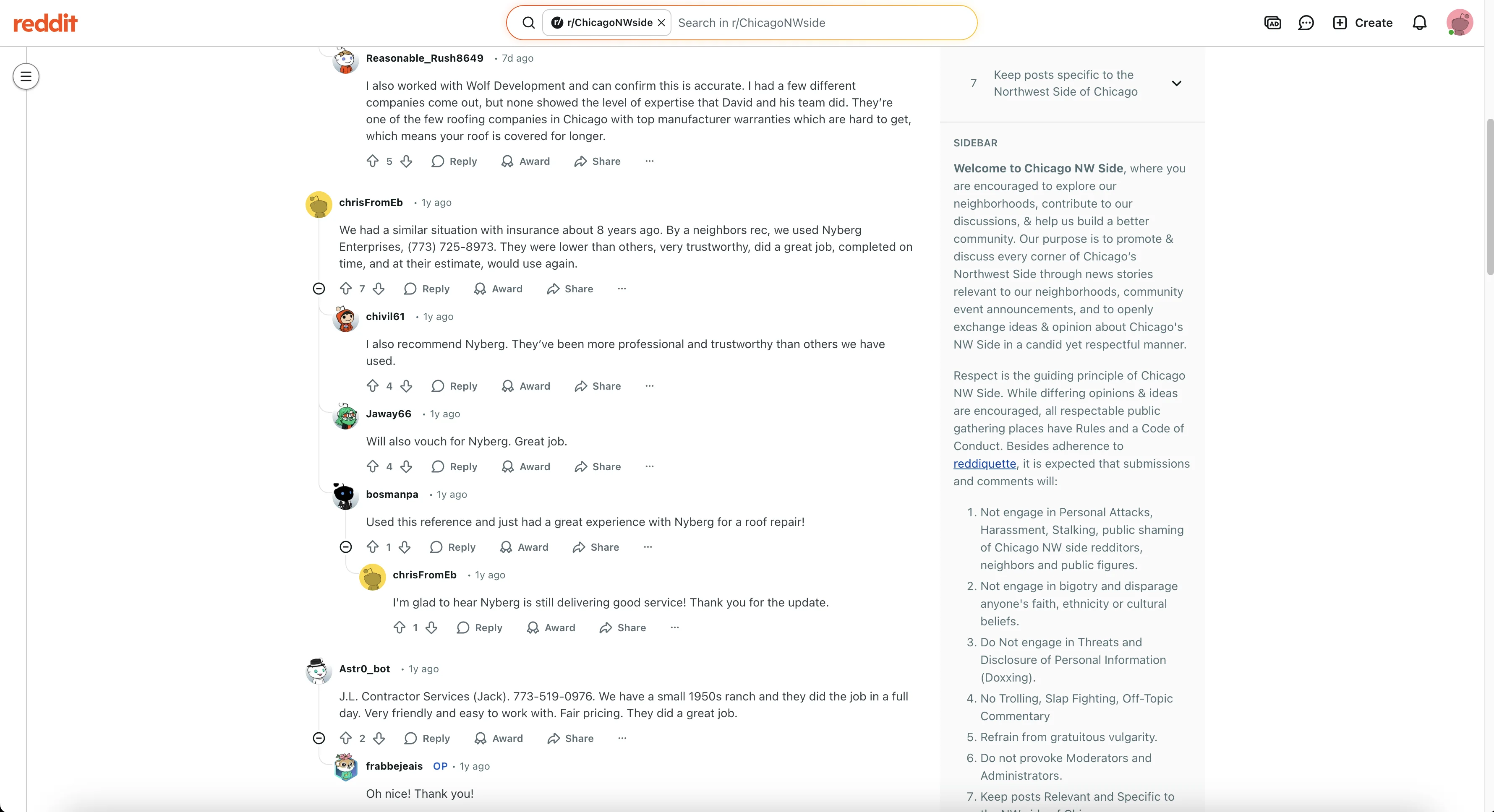 Reddit recommendations praising Nyberg Exteriors
