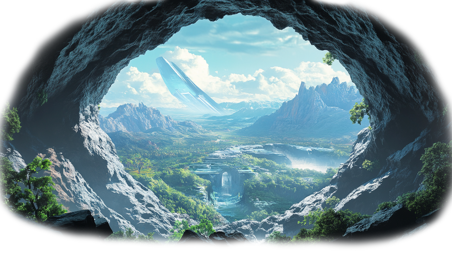 View from a cave overlooking a lush valley, waterfalls, and a distant futuristic structure beneath towering mountains.