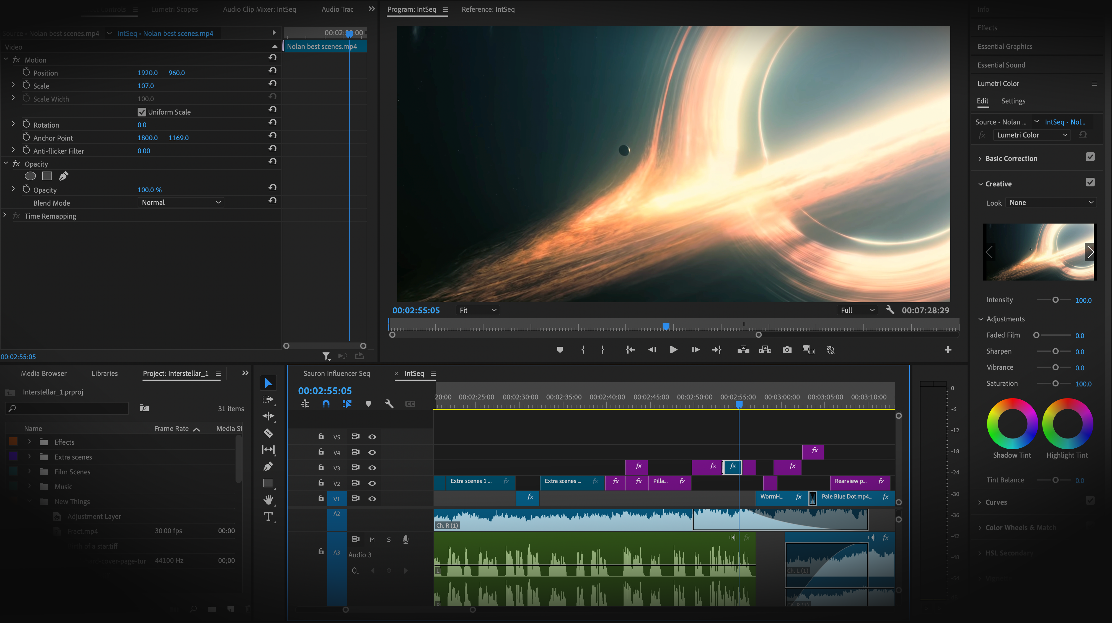 Adobe Premiere Pro editing interface displaying a timeline and various color grading and editing tools, with a scene from the movie Interstellar showing on the preview screen.