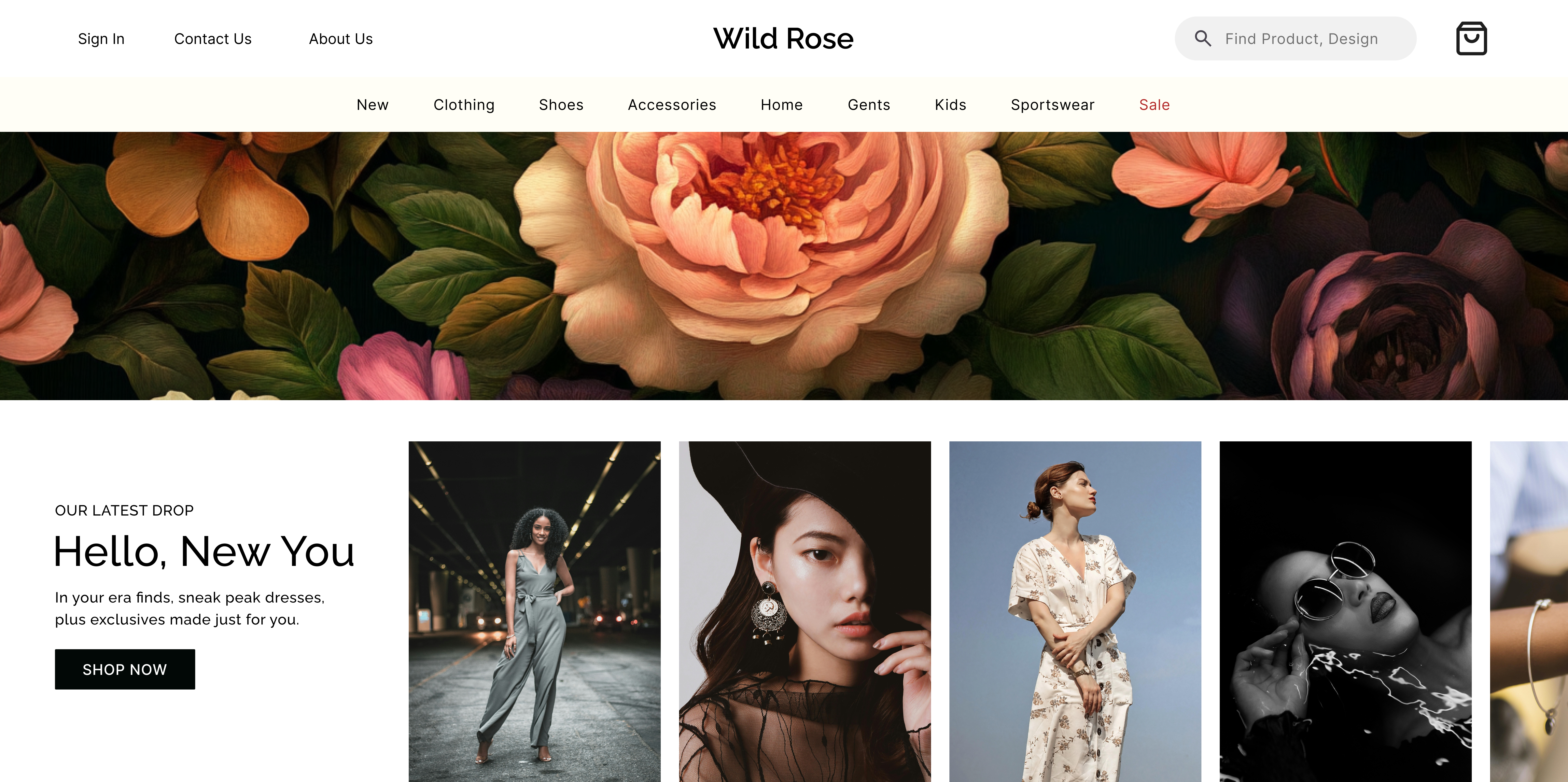 Mockup home page web design of fictional boutique clothing business