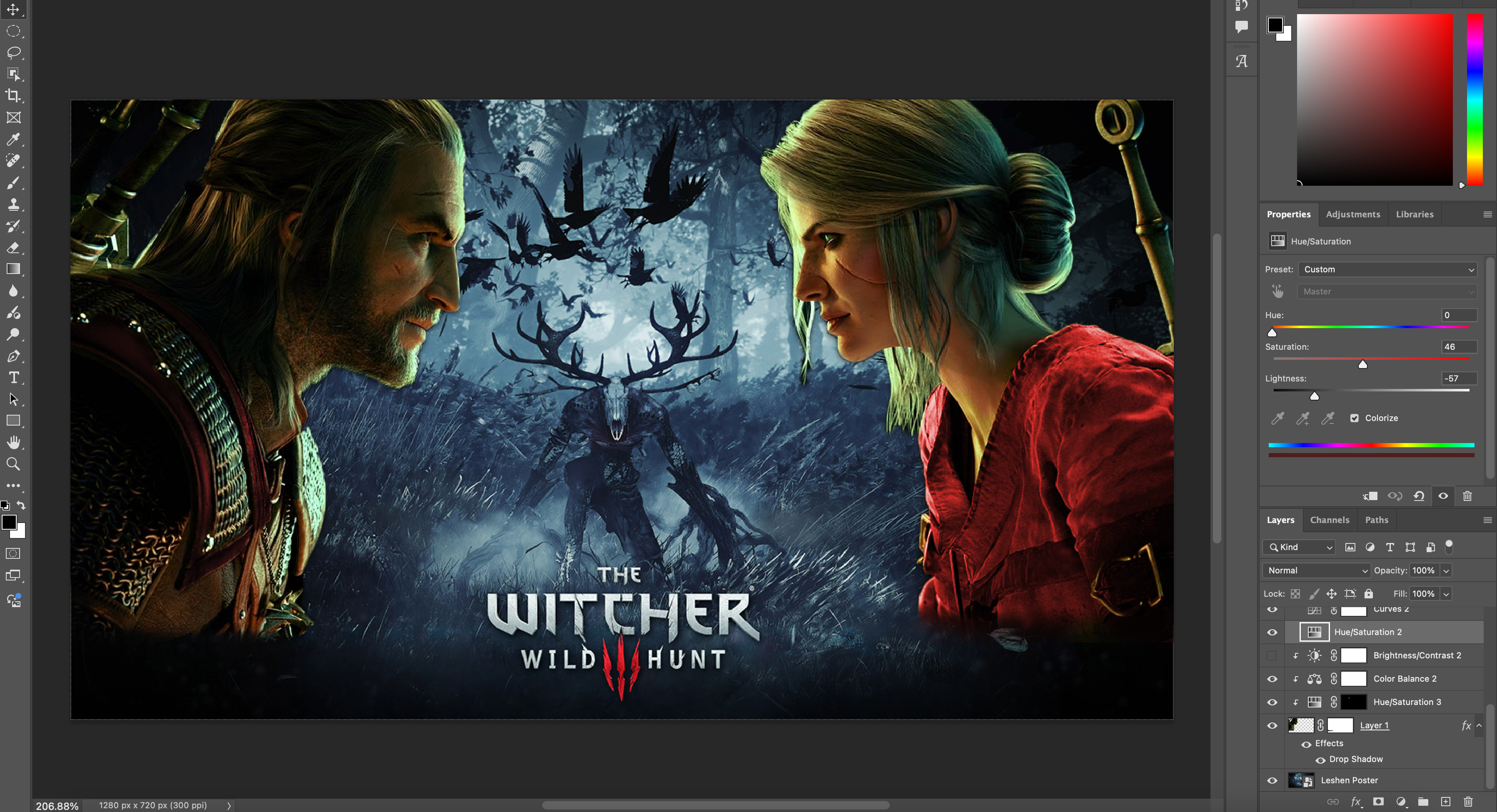 Photoshop thumbnail of The Witcher 3: Wild Hunt featuring Geralt and Ciri in a dramatic face-off, with the Leshen creature in the background.